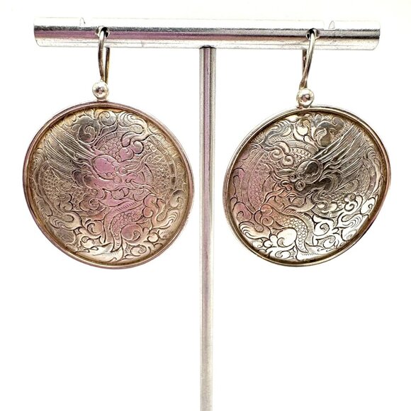 VTG Sterling Silver 925 Engraved Scroll Design Dangle Earrings Size 1.75" Length - Picture 1 of 8